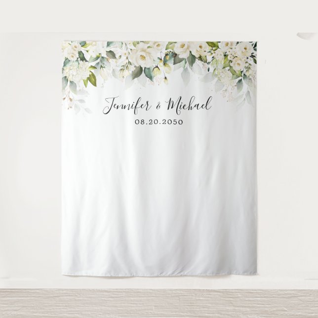 Greenery White Roses Wedding Backdropps Wandteppich (Vorderseite)