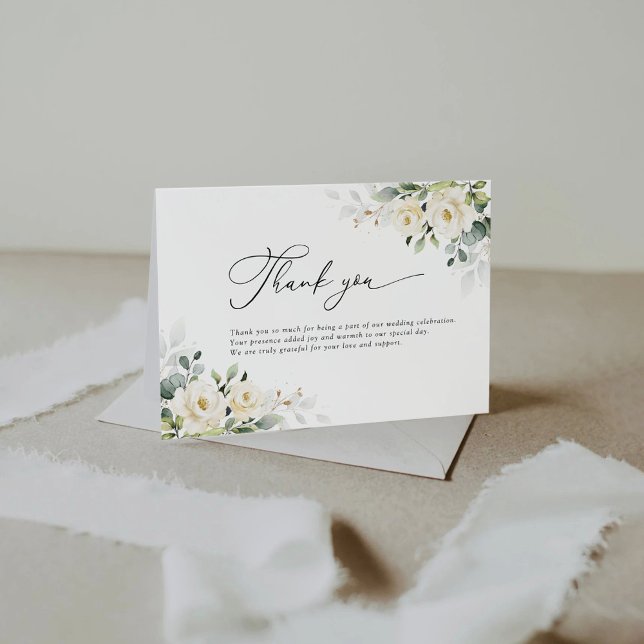 Greenery White Roses Wedding Flat Danke Karte (Von Creator hochgeladen)