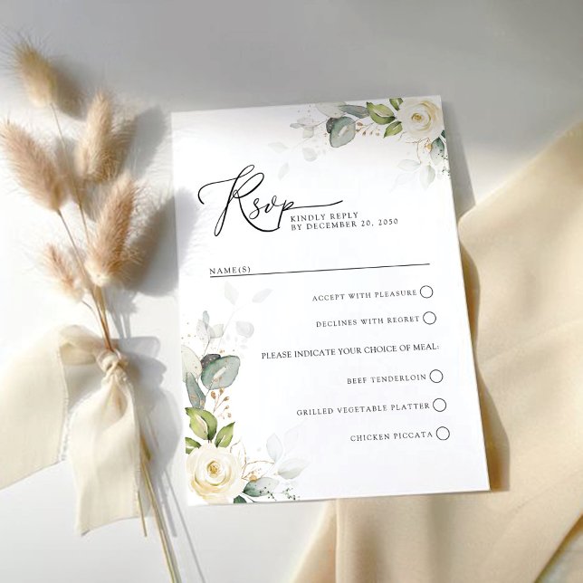 Greenery White Roses Wedding RSVP Card (Von Creator hochgeladen)