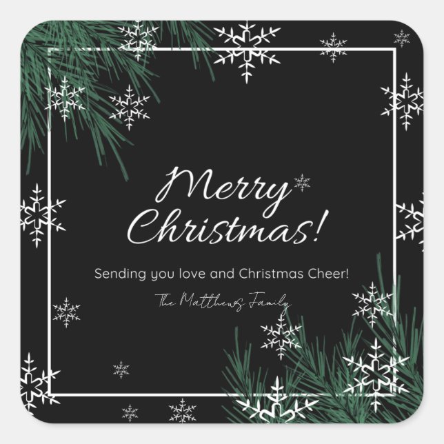 Greenery White Snowflake Weihnachtsfamilie Name Quadratischer Aufkleber (Vorderseite)
