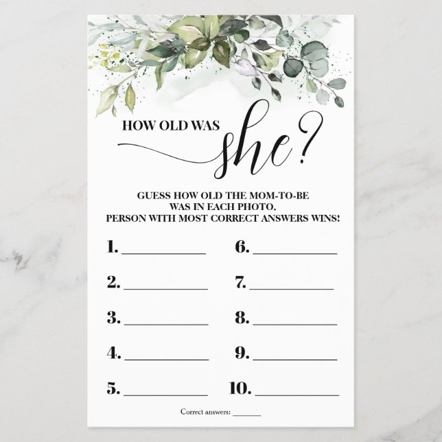 Greenery Wie alt war Mama Baby Shower Game Card Flyer (Vorne)