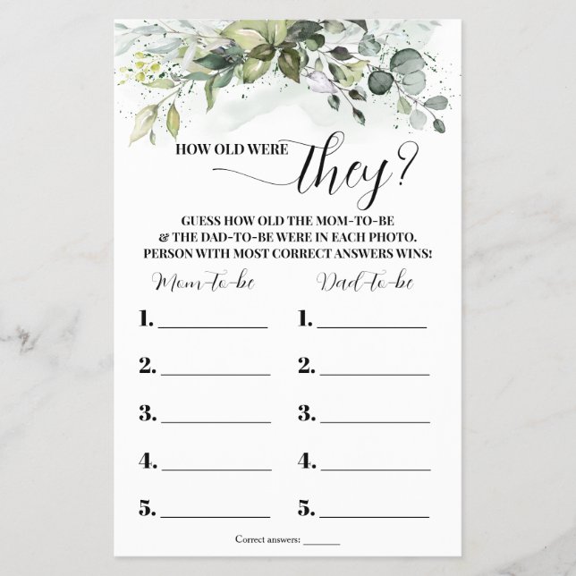 Greenery Wie alt waren sie Baby Shower Game Card Flyer (Vorne)