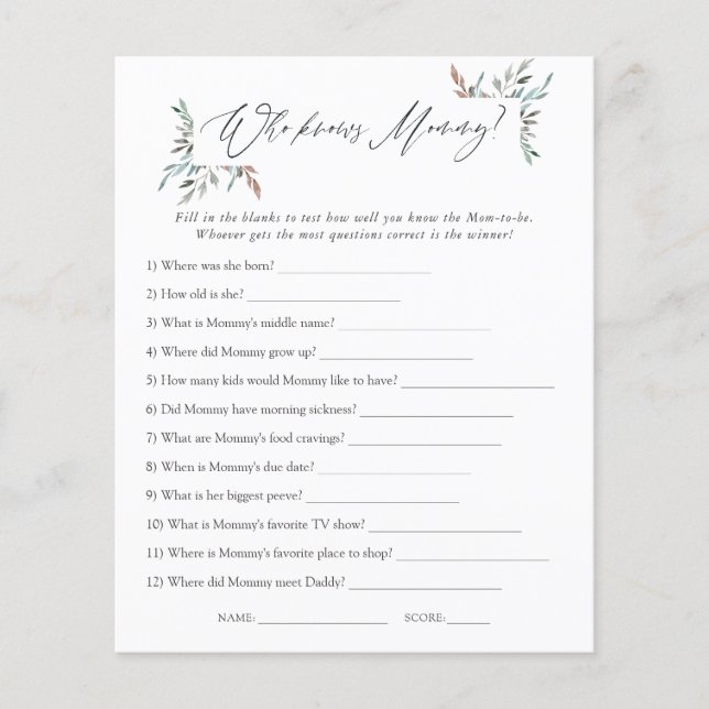 Greenery Winter Baby Dusche Wer Mommy am besten ke (Vorderseite)