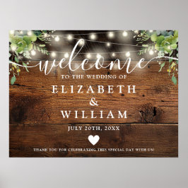Greenery Wood String Lights Wedding Welcome Sign Poster