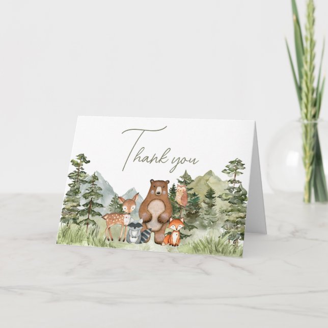 Greenery Woodland Animals Baby Shower Dankeskarte (Vorderseite)