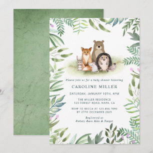 Greenery Woodland Animals Baby Shower Einladung
