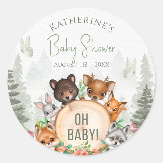 Greenery Woodland Animals Baby Shower Runder Aufkleber (Vorderseite)