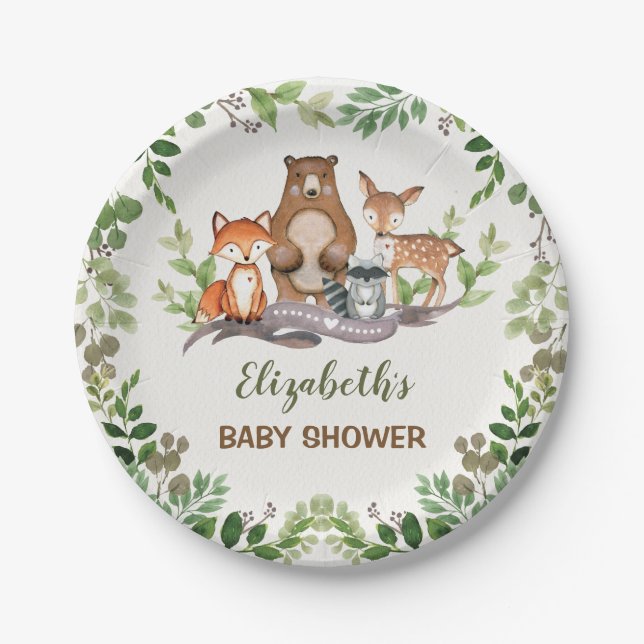 Greenery Woodland Baby Animals Dusche 1. Geburtsta Pappteller (Vorderseite)
