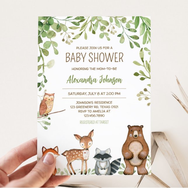 Greenery Woodland Baby Shower Einladung (Forest Animals Baby Shower Invitation)