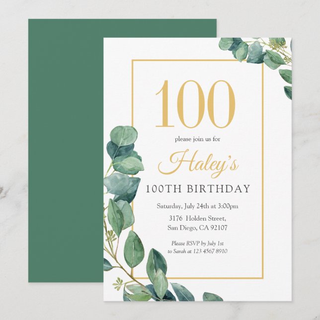 Greenery Wreath Chic Gold & Sage 100. Geburtstag Einladung (Vorne/Hinten)