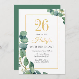 Greenery Wreath Chic Gold & Sage 26. Geburtstag Einladung