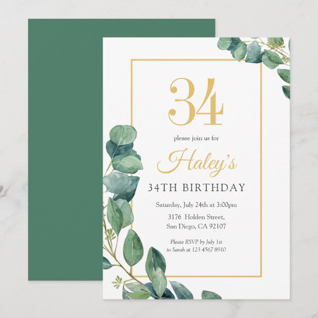Greenery Wreath Chic Gold & Sage 34. Geburtstag Einladung (Vorne/Hinten)