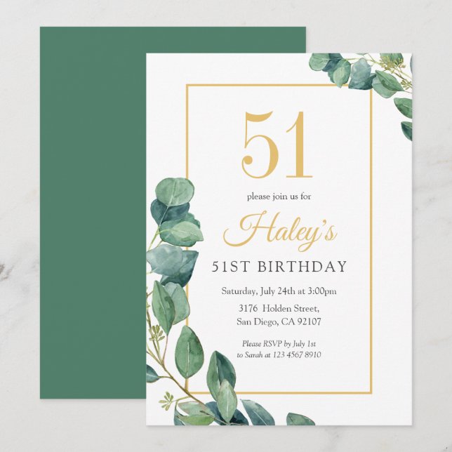 Greenery Wreath Chic Gold & Sage 51ST Geburtstag Einladung (Vorne/Hinten)