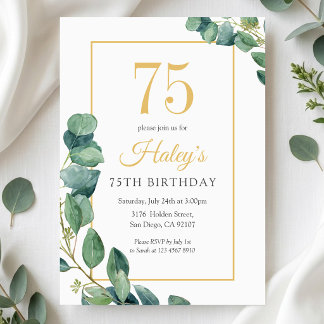 Greenery Wreath Chic Gold & Sage 75. Geburtstag Einladung