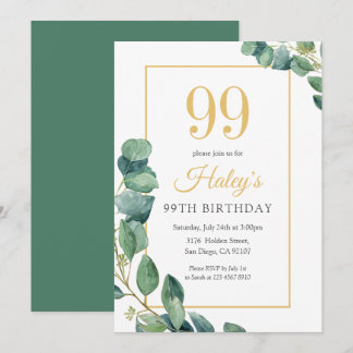 Greenery Wreath Chic Gold & Sage 99. Geburtstag Einladung