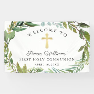 Greenery Wreath First Heilige Kommunion Willkommen Banner