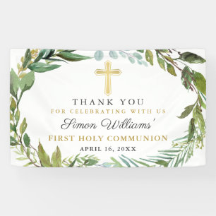 Greenery Wreath First Holy Communion Vielen Dank Banner