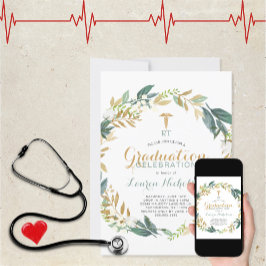 Greenery wreath + gold confetti medical graduation einladung