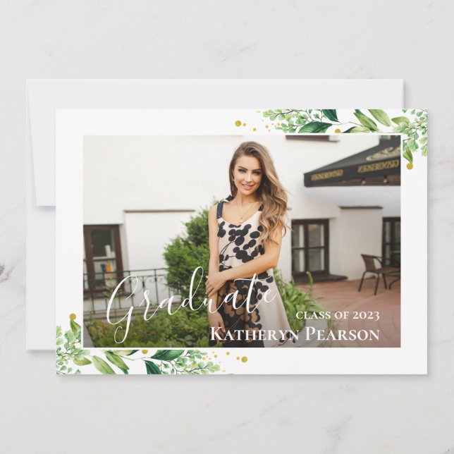 Greenery Wreath Gold Navy Blue 2 Foto Abschluss Einladung (Rückseite)