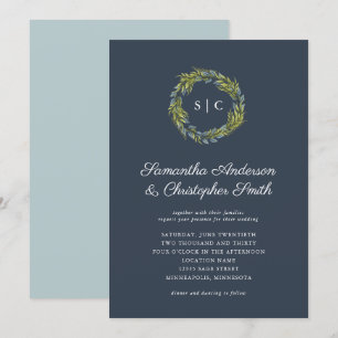 Greenery Wreath Monogram Dark Aquamarin Blue Weddi Einladung