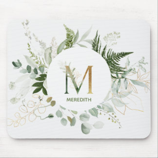 Greenery Wreath Monogram Letter M Mouse Pad Mousepad