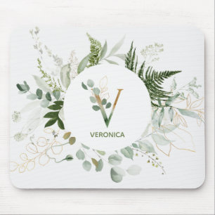 Greenery Wreath Monogram Letter V Mouse Pad Mousepad