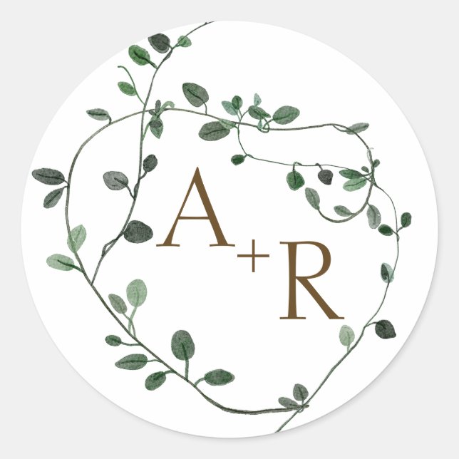 Greenery Wreath Monogram Wedding Runder Aufkleber (Vorderseite)