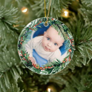 Greenery Wreath My First Christmas Baby Foto Keramik Ornament