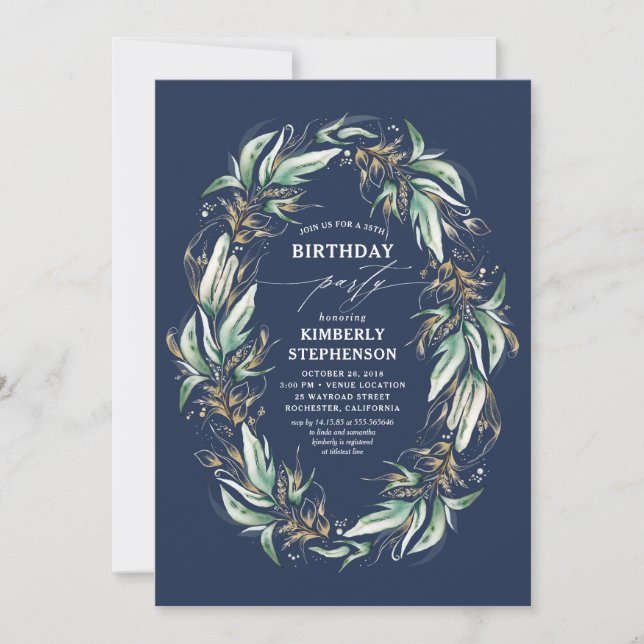 Greenery Wreath Navy Blue Elegant Geburtstag Einladung (Vorderseite)