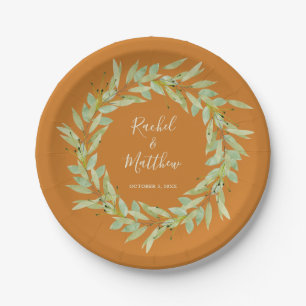 Greenery Wreath on Ochre Wedding Pappteller
