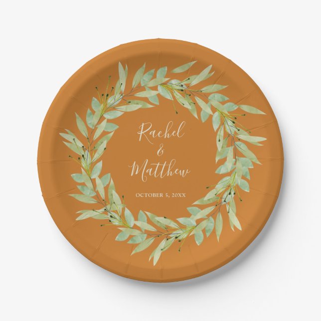 Greenery Wreath on Ochre Wedding Pappteller (Vorderseite)