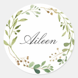 Greenery Wreath personalize name Runder Aufkleber