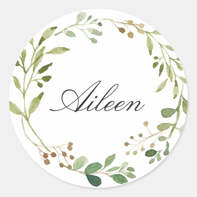 Greenery Wreath personalize name Runder Aufkleber (Vorderseite)