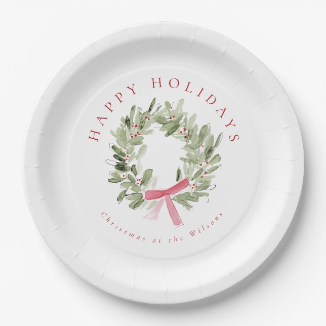 Greenery Wreath & Red Bow Holiday Pappteller (Vorderseite)