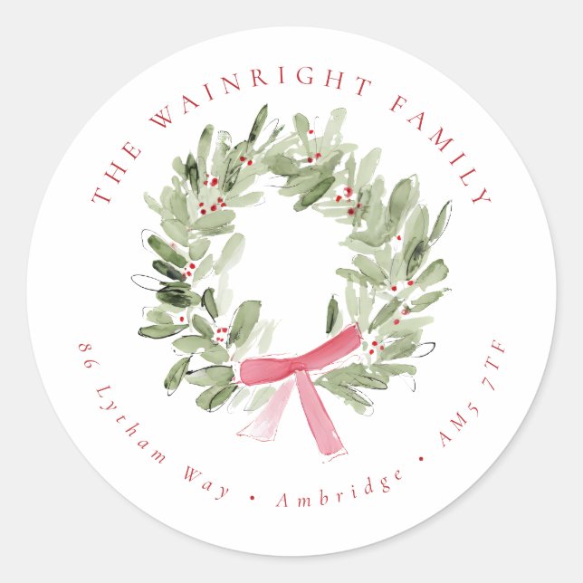 Greenery Wreath & Red Bow Holiday Return Address Runder Aufkleber (Vorderseite)
