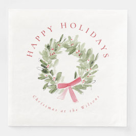 Greenery Wreath & Red Bow Holiday Serviette