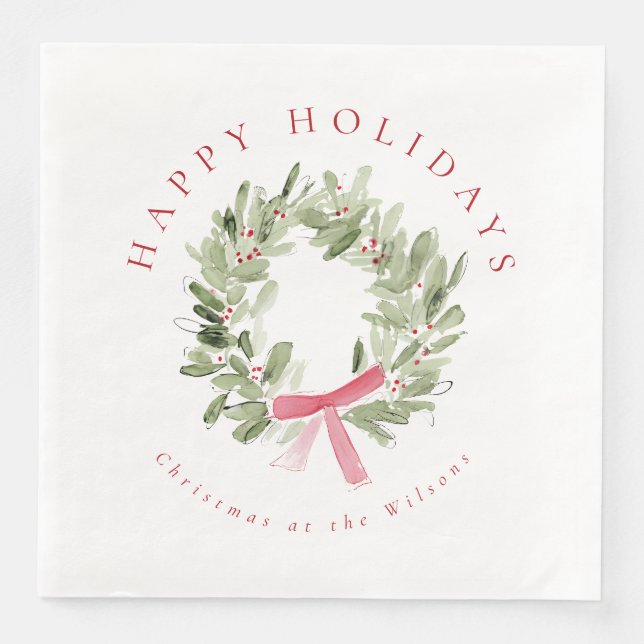 Greenery Wreath & Red Bow Holiday Serviette (Vorderseite)
