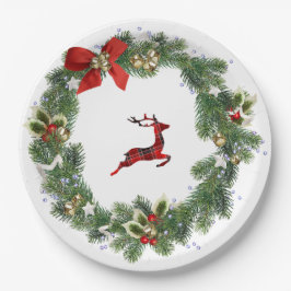 Greenery Wreath & Reindeer Xmas Party Paper Plate Pappteller