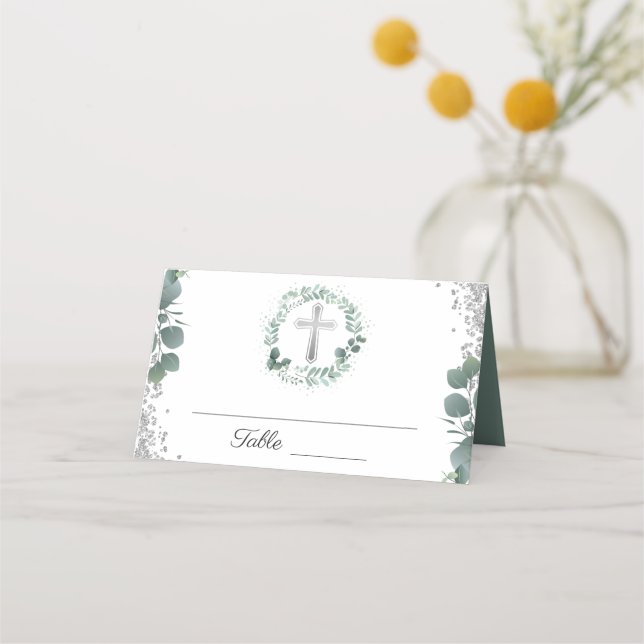 Greenery Wreath Silver Glitzer Erste Kommune Platzkarte (Vorderseite)