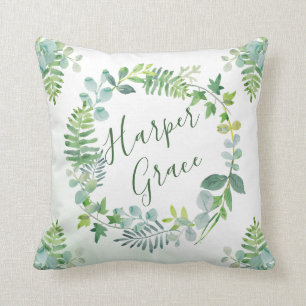 Greenery Wreath Wasserfarbe Personalisiert Name Kissen