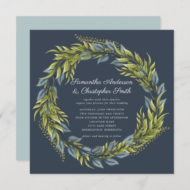 Greenery Wreath Watercolor Dark Aquamarin Blue Wed Einladung (Vorne/Hinten)