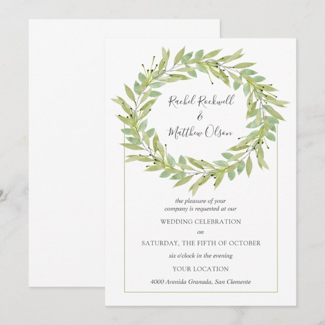 Greenery Wreath Wedding Einladung (Vorne/Hinten)