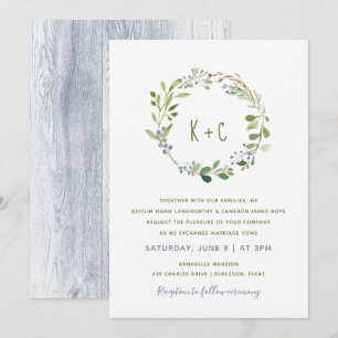 Greenery Wreath Wedding Einladungen - Dusty Blue