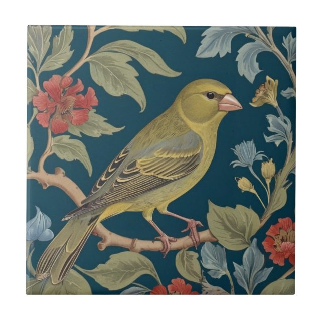 Greenfinch William Morris Stil R Green Finch Bird Fliese (Vorderseite)