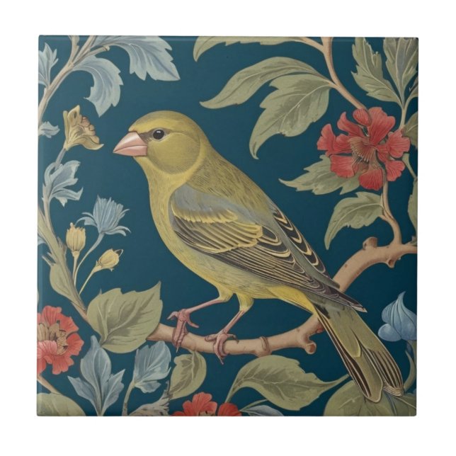 Greenfinch William Morris style L Green Finch Bird Fliese (Vorderseite)