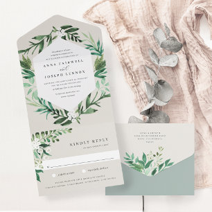 Greenhouse Botanische Hochzeit in elegantem Wass All In One Einladung