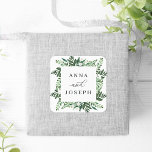 Greenhouse | Botanische Hochzeit mit Wasserfarbe Quadratischer Aufkleber<br><div class="desc">Siegel Sie Ihre Einladung Kuverts oder Favoriten mit diesen eleganten botanischen Hochzeitsaufklebern im Winter mit Ihren Namen gerahmt durch einen quadratischen Rahmen von üppigen Wasserfarbenfolien in Grün,  auf einem knusprigen weißen Hintergrund. Koordiniert mit unserer Hochzeitskollektion.</div>