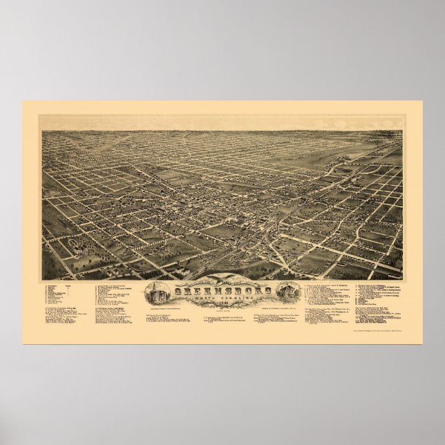 Greensboro, NC Panorama Karte - 1891 Poster (Vorne)