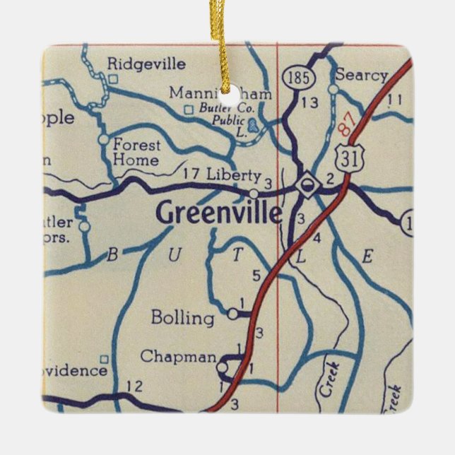 Greenville AL Vintage Map Keramikornament (Vorderseite)