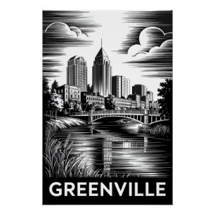 Greenville South Carolina Schwarz Weiß Holzschnitt Poster